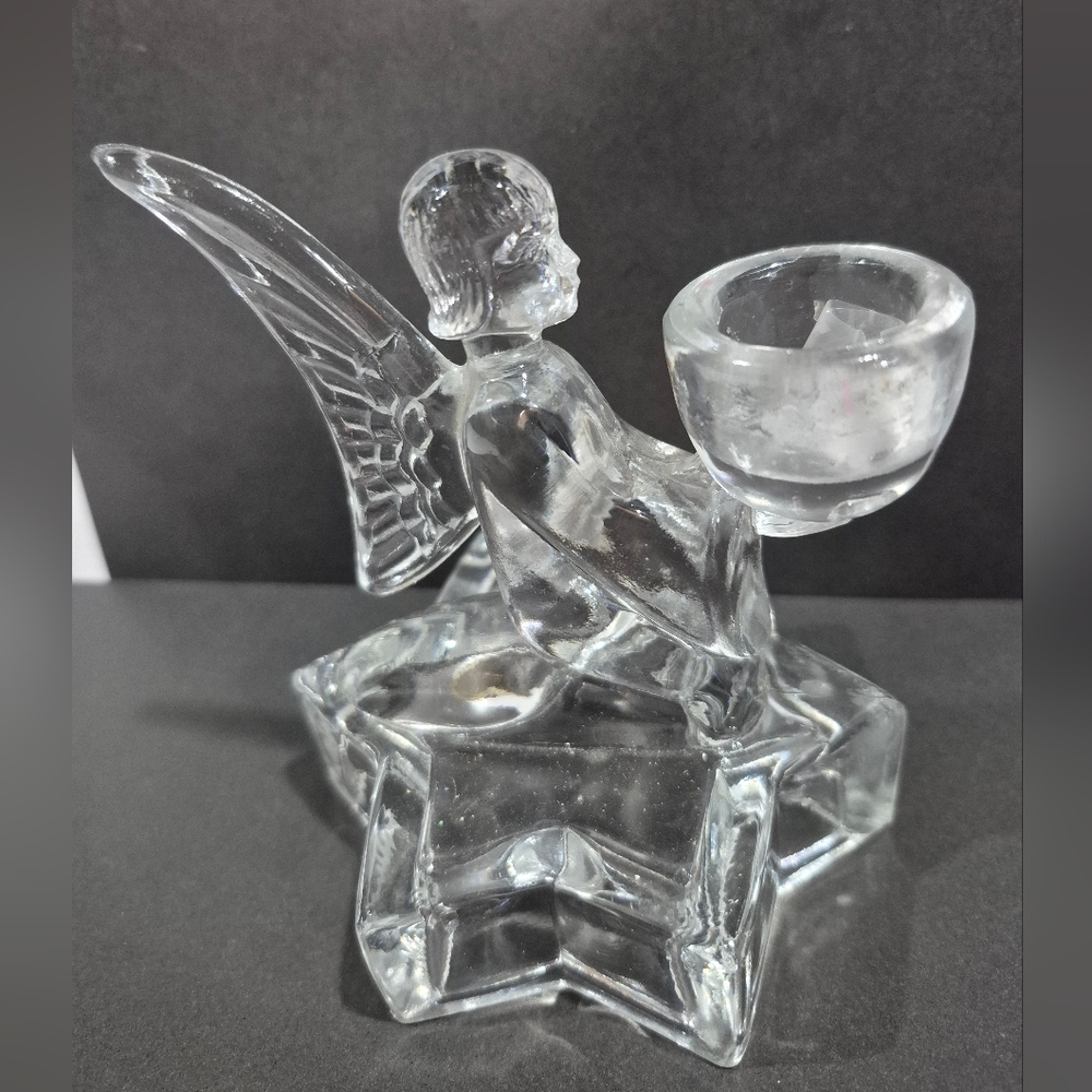 L.E. Smith Art Glass Crystal Angel  Candle Holder